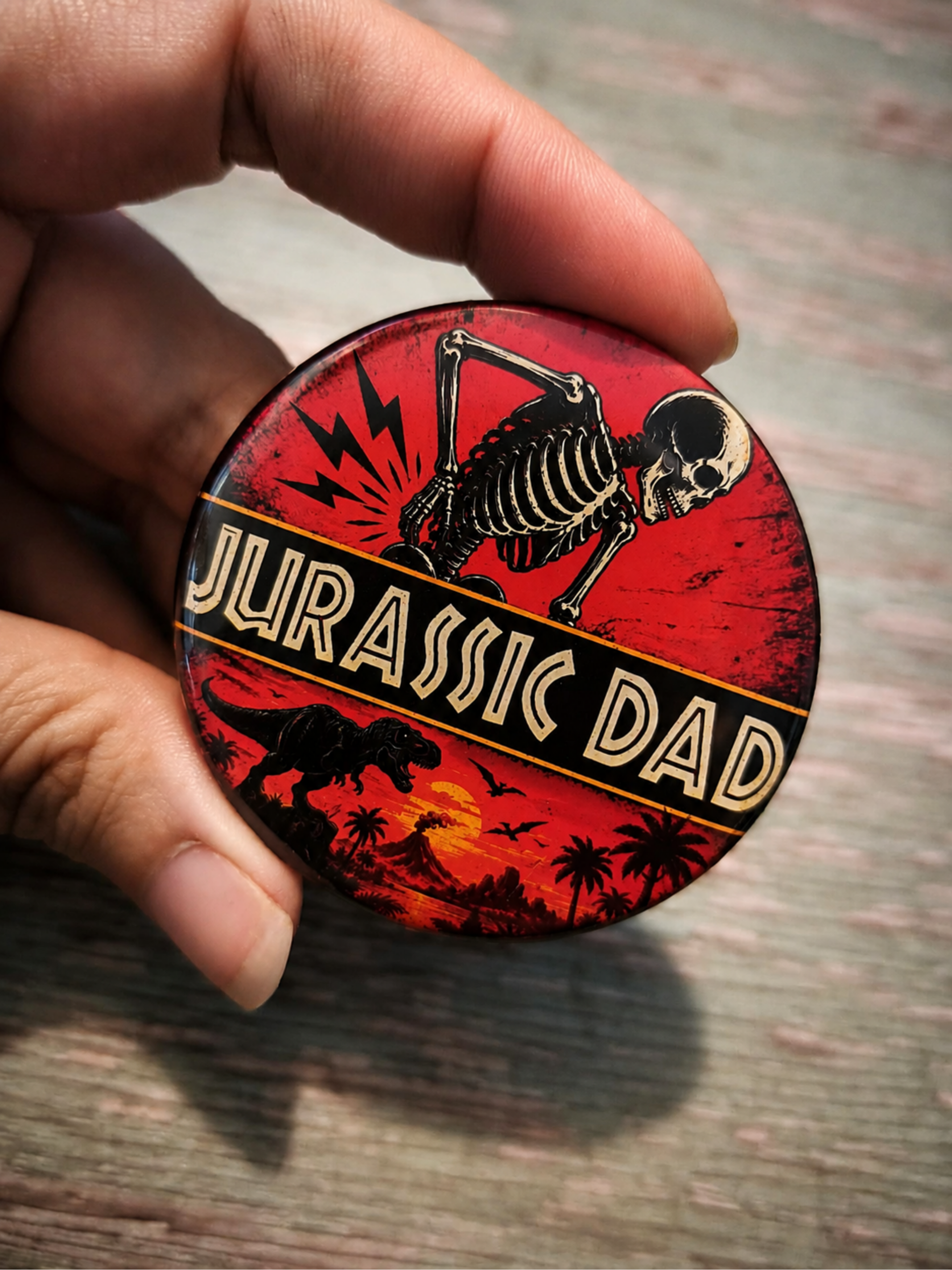 Magnet rond illustré "Jurassic Dad"